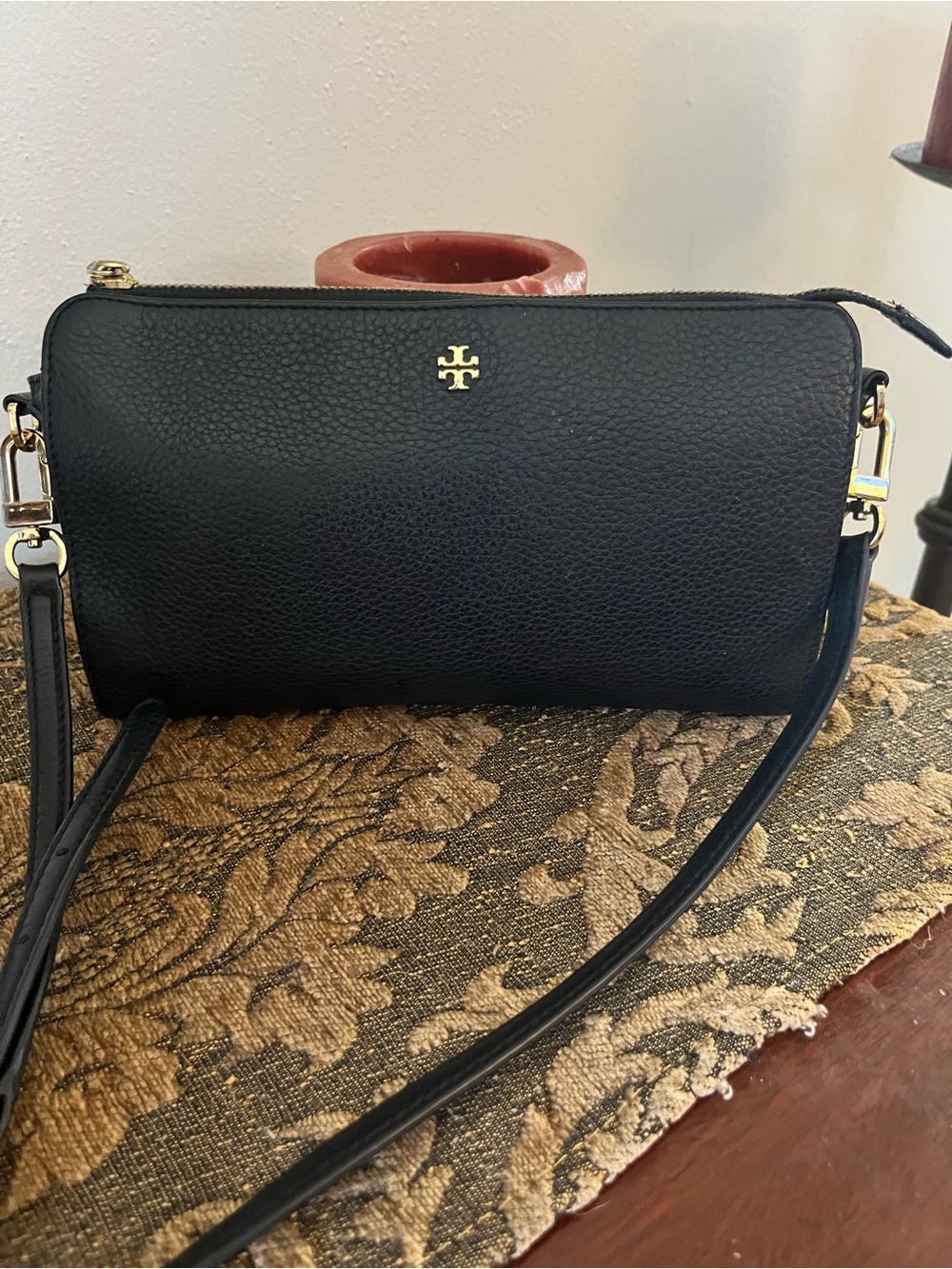 Tory Burch Black Pebbled Leather Logo Crossbody with Gold Hardware